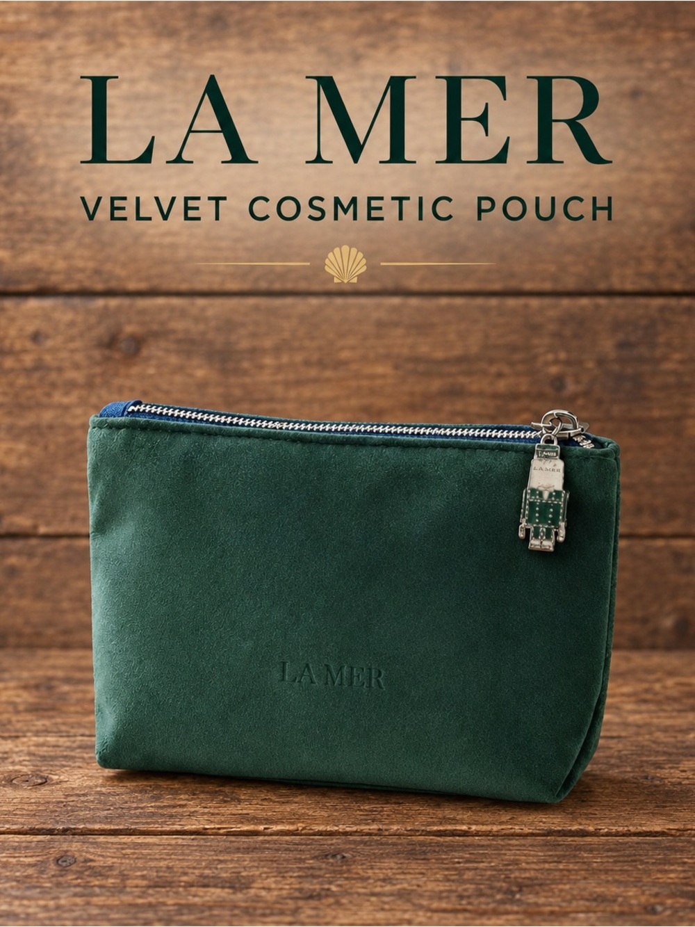 LA MER Green Velvet Cosmetic Bag New Holiday Nutcracker Charm Blue Lining